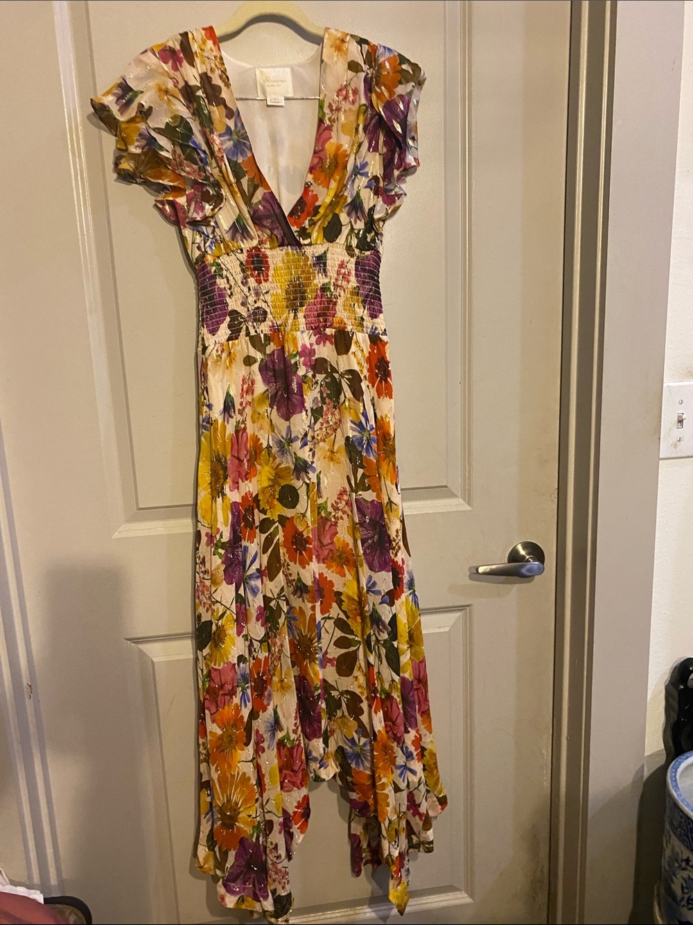 Shoshanna Floral Asymmetrical Maxi Dress in Cream, Purple, Yellow and Orange